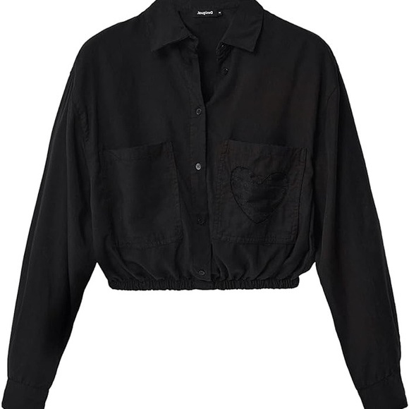 Desigual Cropped Heart Pocket Shirt Black - Picture 2 of 6